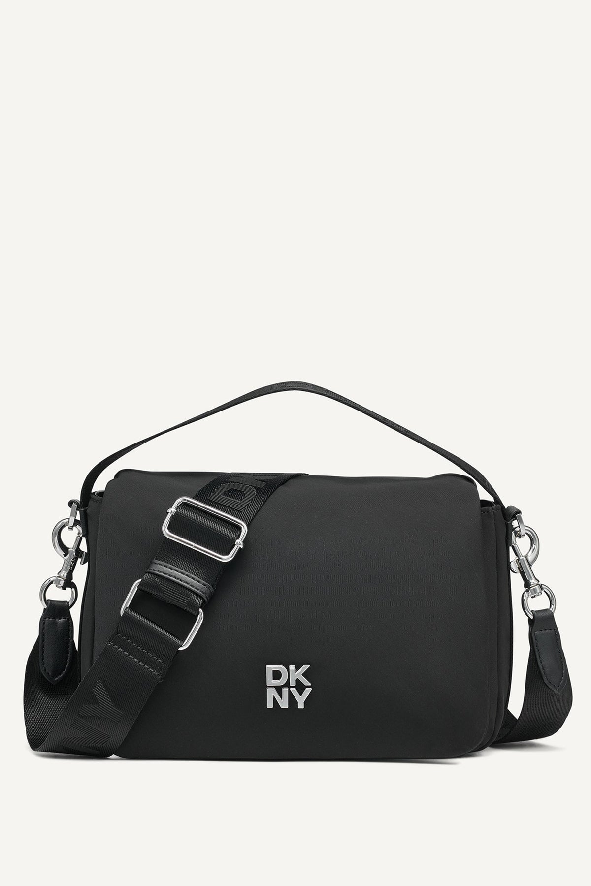 Black/Silver DKNY JENNY LOGO FLAP SHOULDER BAG