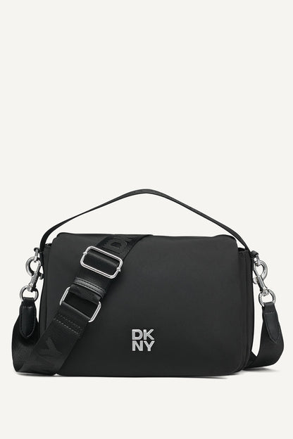 Black/Silver DKNY JENNY LOGO FLAP SHOULDER BAG
