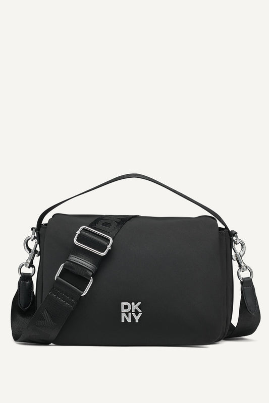 Black/Silver DKNY JENNY LOGO FLAP SHOULDER BAG