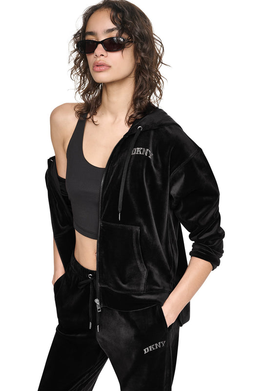 Espresso DKNY VARSITY VELOUR RHINESTONE LOGO FULL ZIP HOODIE
