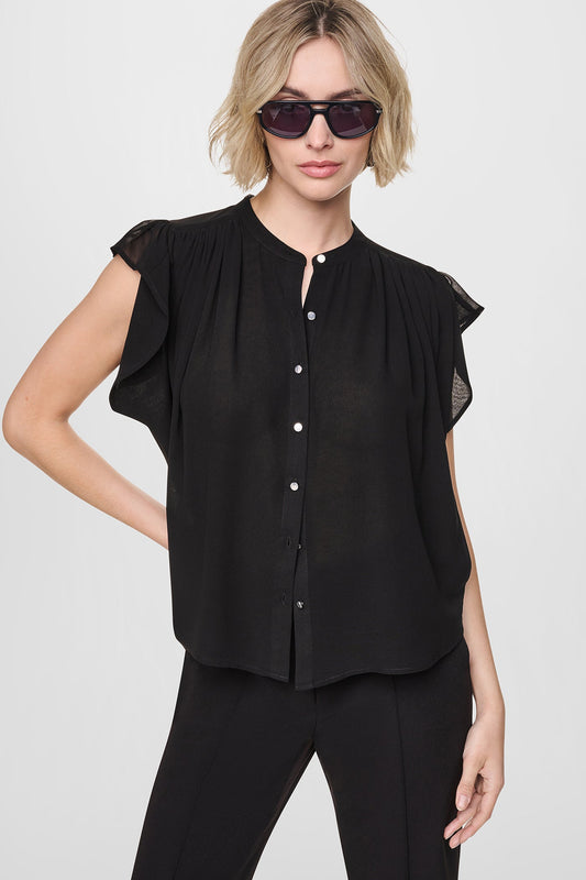 Black DKNY CHIFFON FLUTTER SLEEVE BLOUSE