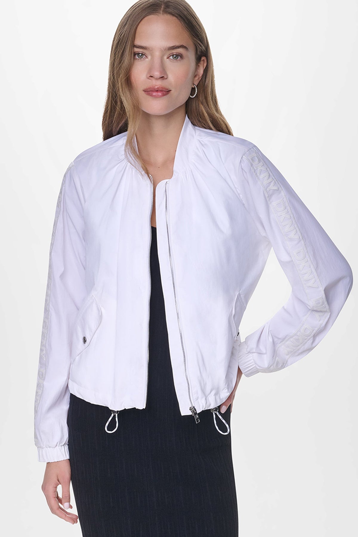White DKNY MESH LOGO TRIM HOODED JACKET