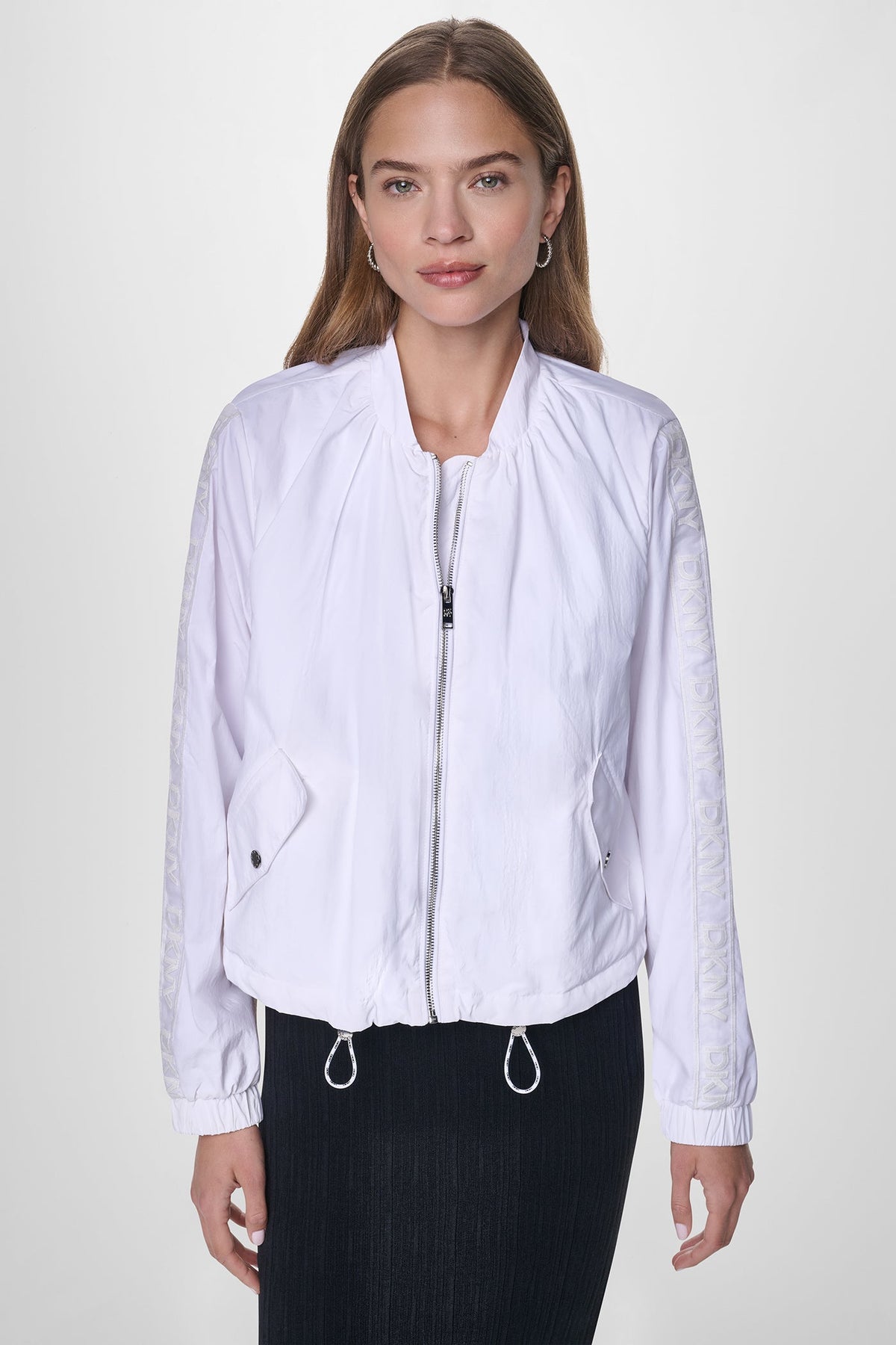 White DKNY MESH LOGO TRIM HOODED JACKET