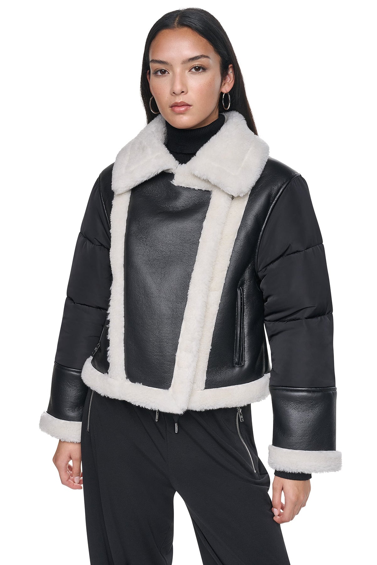 Black/Ivory DKNY PUFF SLEEVE FAUX SHEARLING JACKET