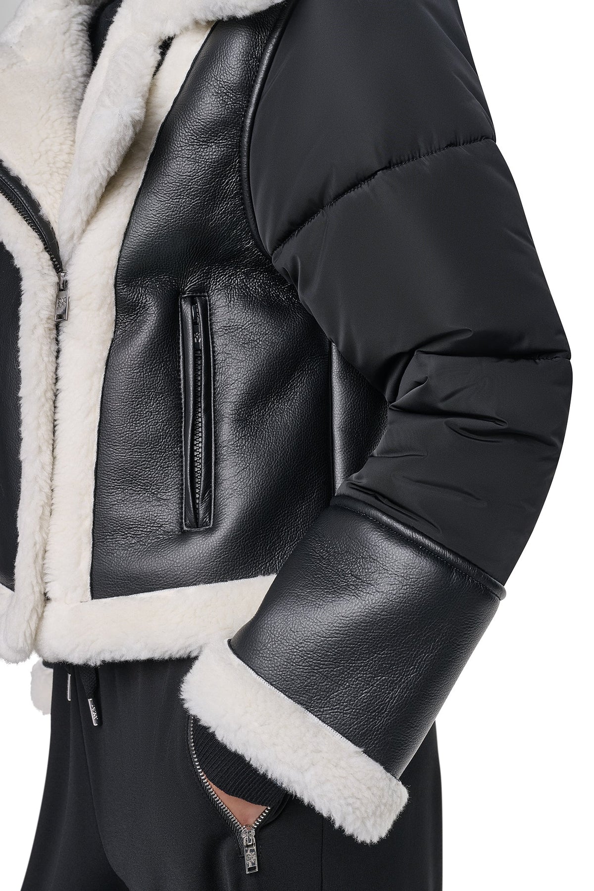 Black/Ivory DKNY PUFF SLEEVE FAUX SHEARLING JACKET