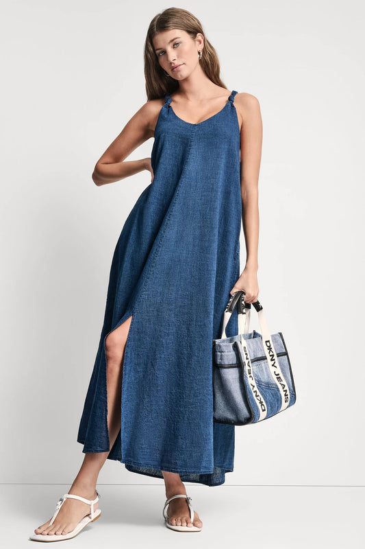 Indigo DKNY KNOTTED STRAP V-NECK MAXI DRESS
