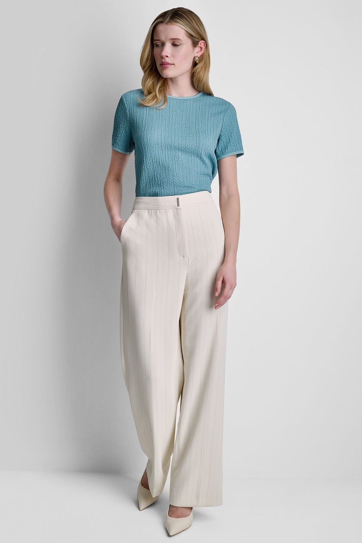 Coconut/Cameo Blue Stripe DKNY MID-RISE PINSTRIPE PANT
