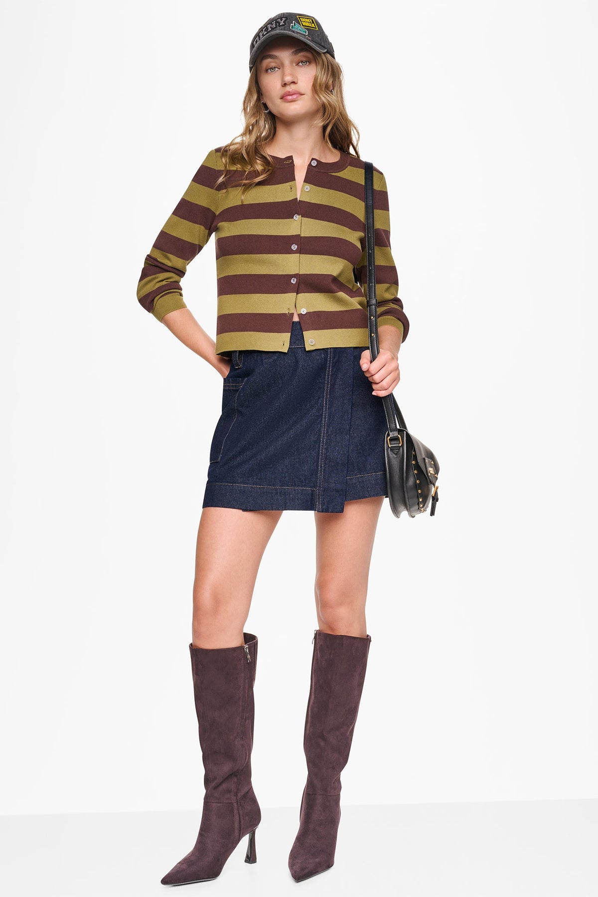 Chestnut/Blush Pink DKNY CROPPED STRIPED CARDIGAN