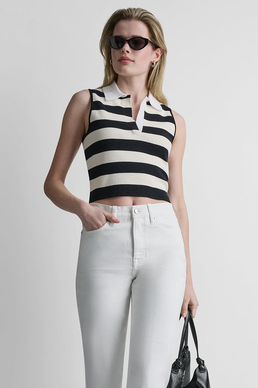Black/Eggnog/White DKNY STRIPED SLEVELESS POLO SWEATER
