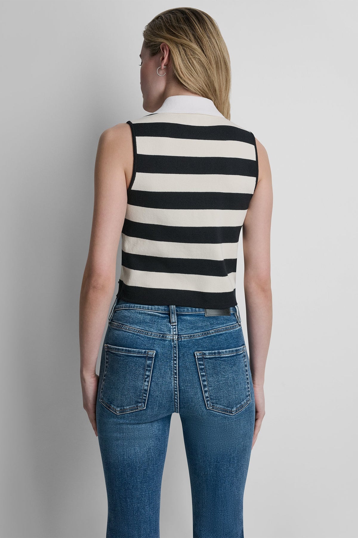 Black/Eggnog/White DKNY STRIPED SLEVELESS POLO SWEATER