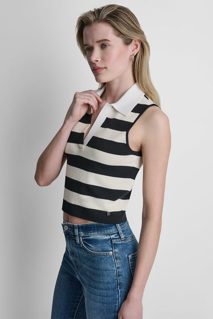 Travertine/Punch/White DKNY STRIPED SLEVELESS POLO SWEATER