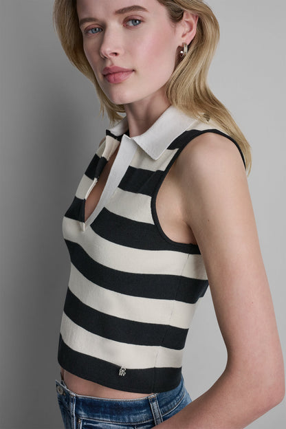 Travertine/Punch/White DKNY STRIPED SLEVELESS POLO SWEATER