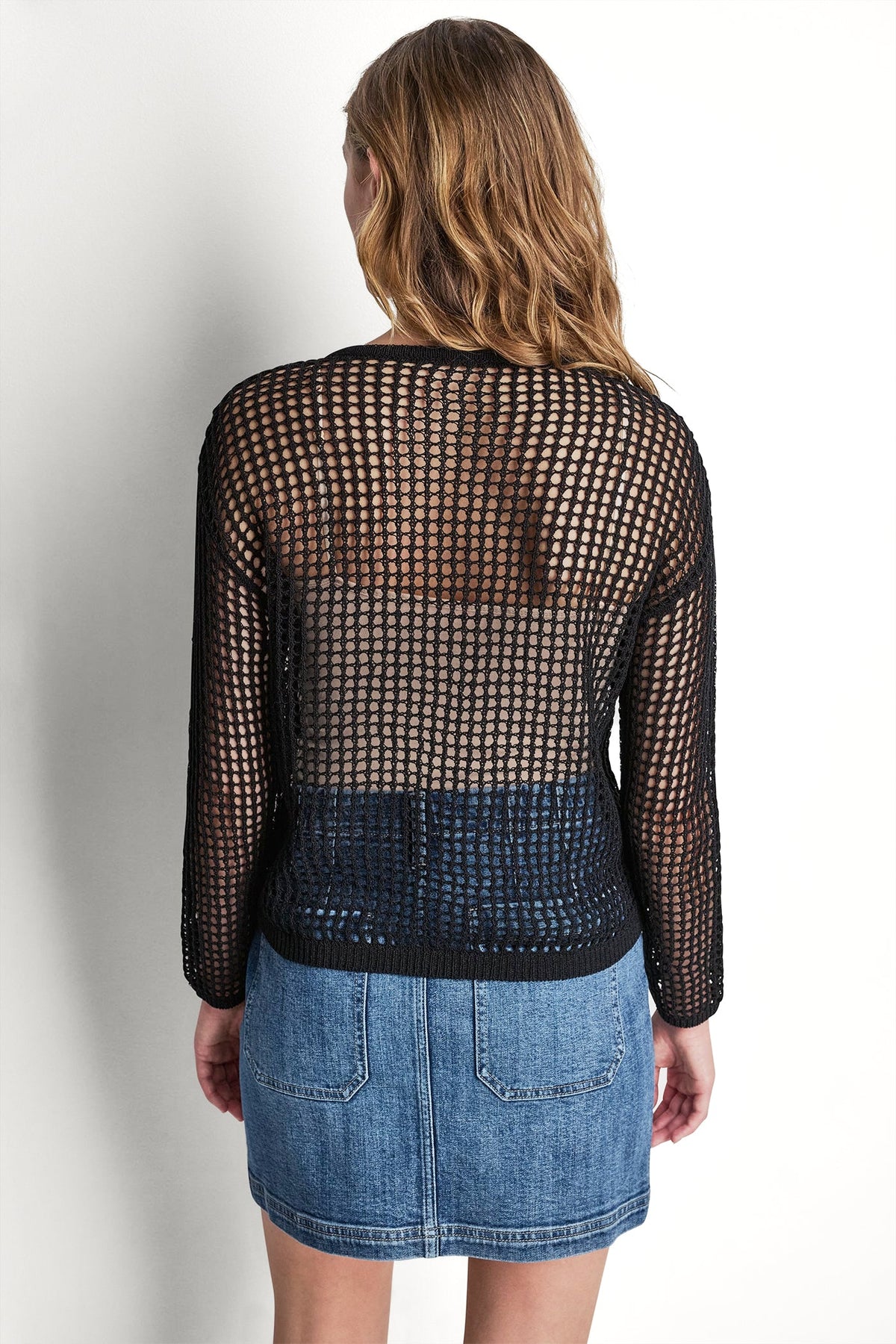 Black DKNY CROCHET OPEN-STITCH LOGO SWEATER