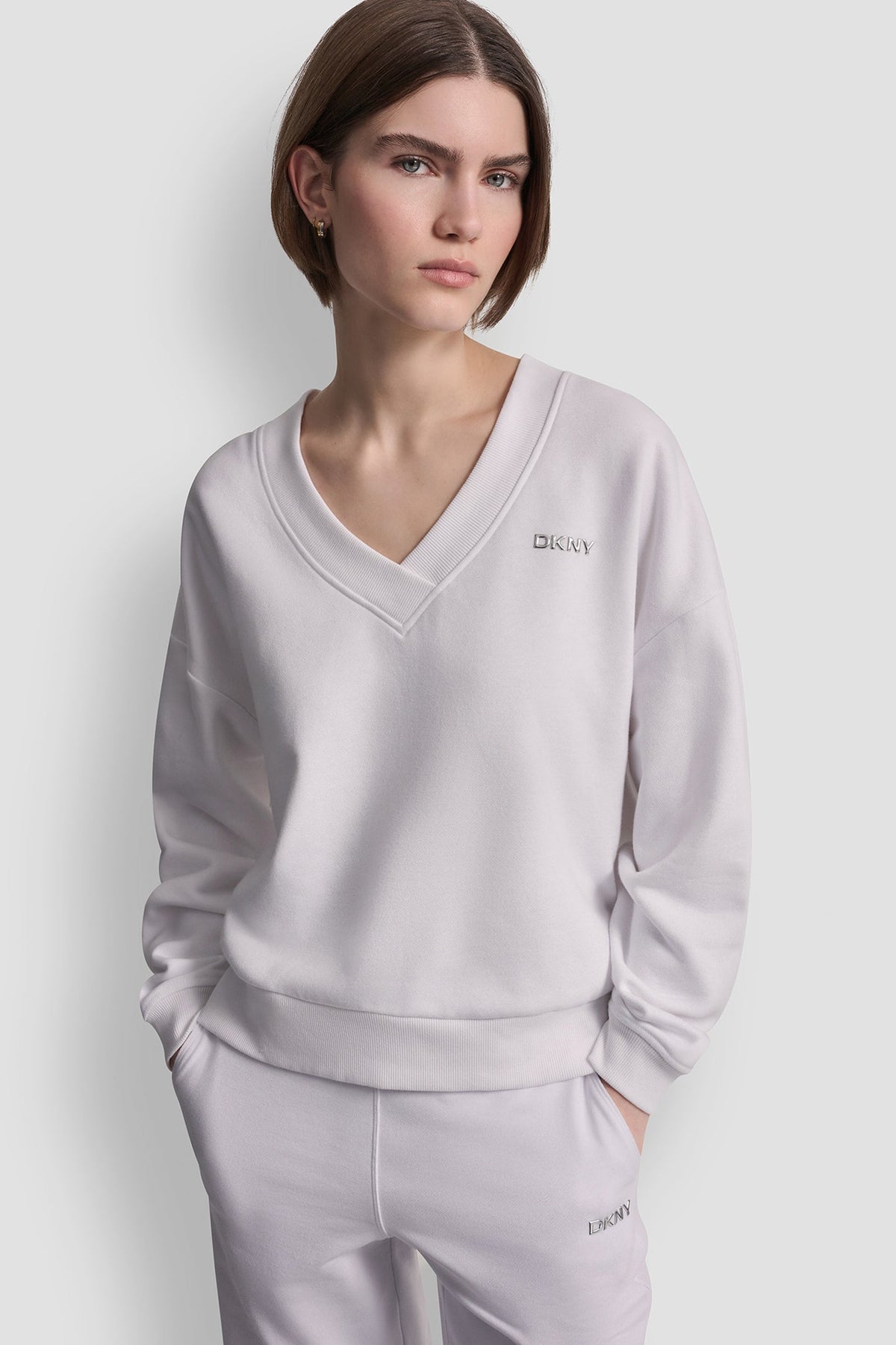White DKNY METALLIC BUBBLE LOGO V-NECK PULLOVER