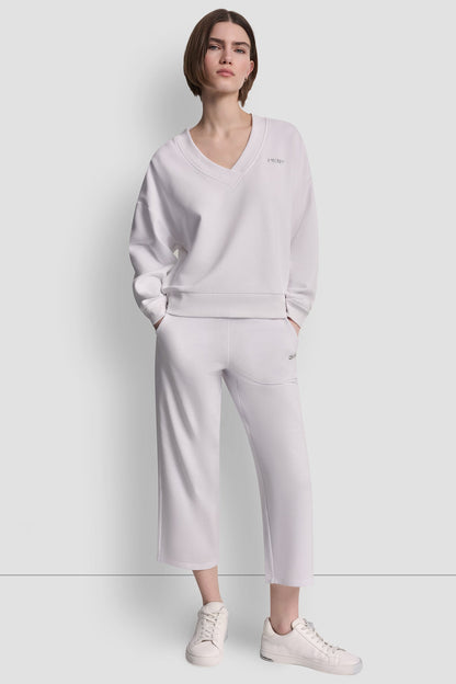 White DKNY METALLIC BUBBLE LOGO V-NECK PULLOVER