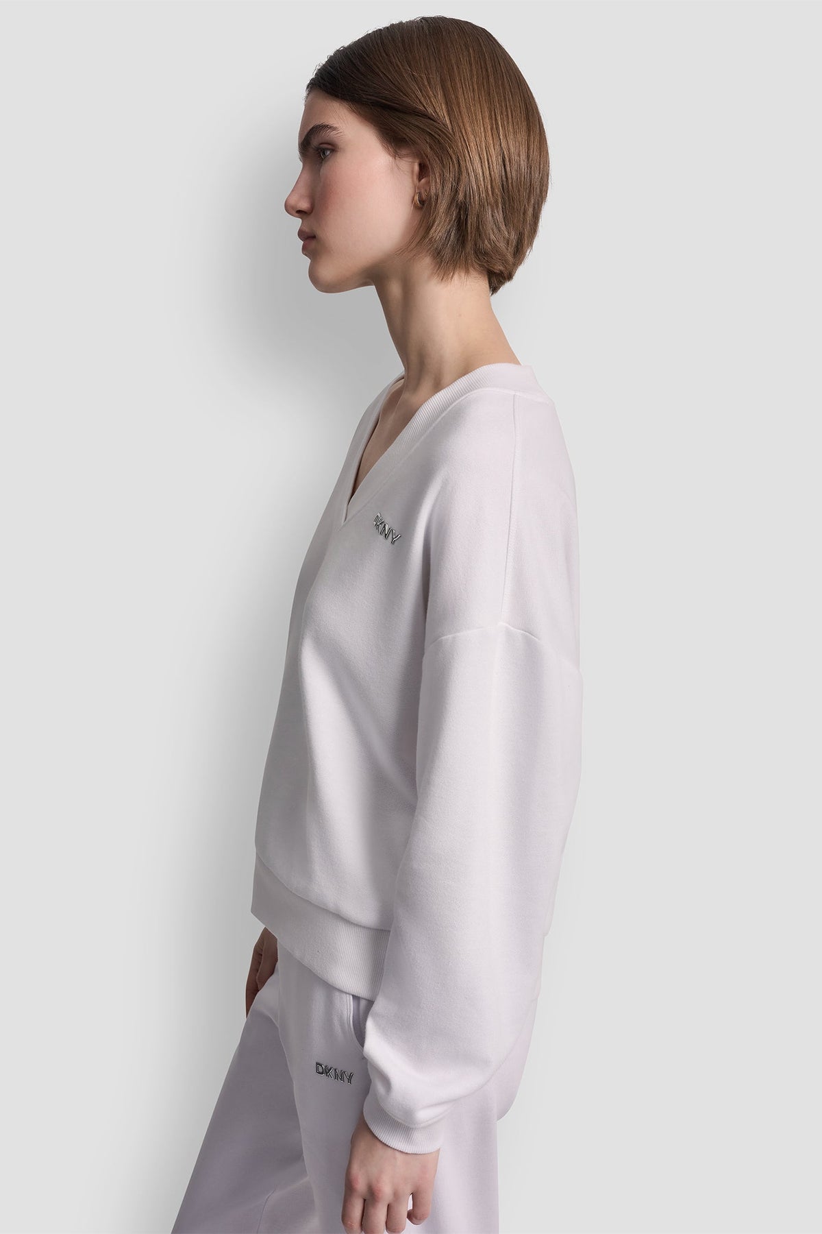 White DKNY METALLIC BUBBLE LOGO V-NECK PULLOVER