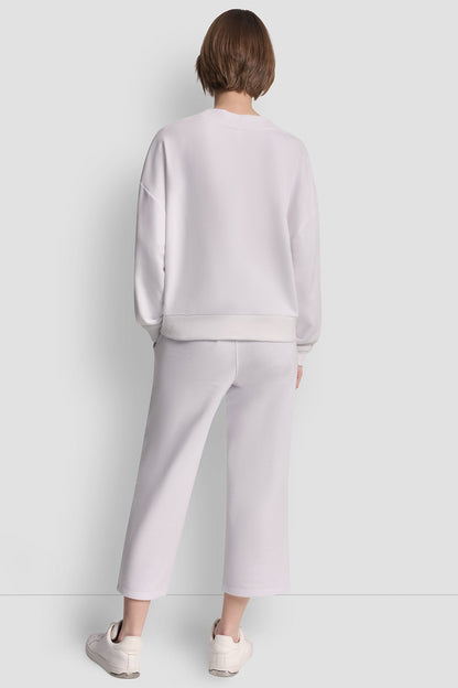 White DKNY METALLIC BUBBLE LOGO V-NECK PULLOVER