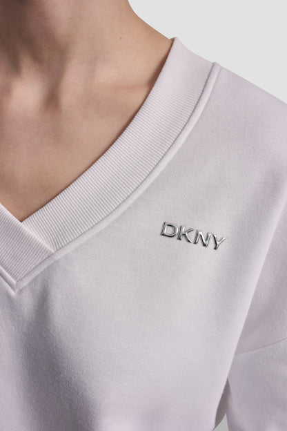 White DKNY METALLIC BUBBLE LOGO V-NECK PULLOVER