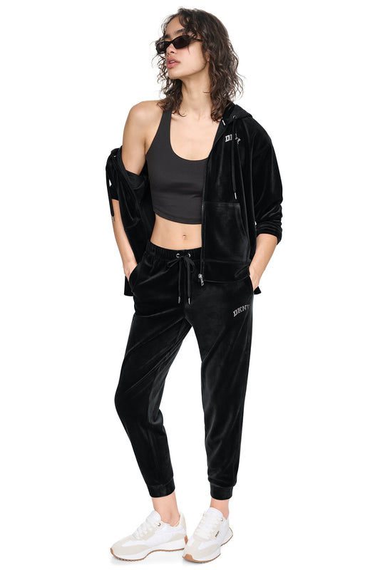 Espresso DKNY VARSITY VELOUR RHINESTONE LOGO MID-RISE JOGGER
