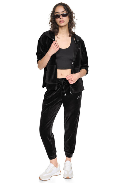 Black DKNY VARSITY VELOUR RHINESTONE LOGO FULL ZIP HOODIE