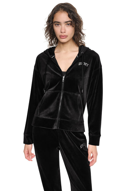Black DKNY VARSITY VELOUR RHINESTONE LOGO FULL ZIP HOODIE