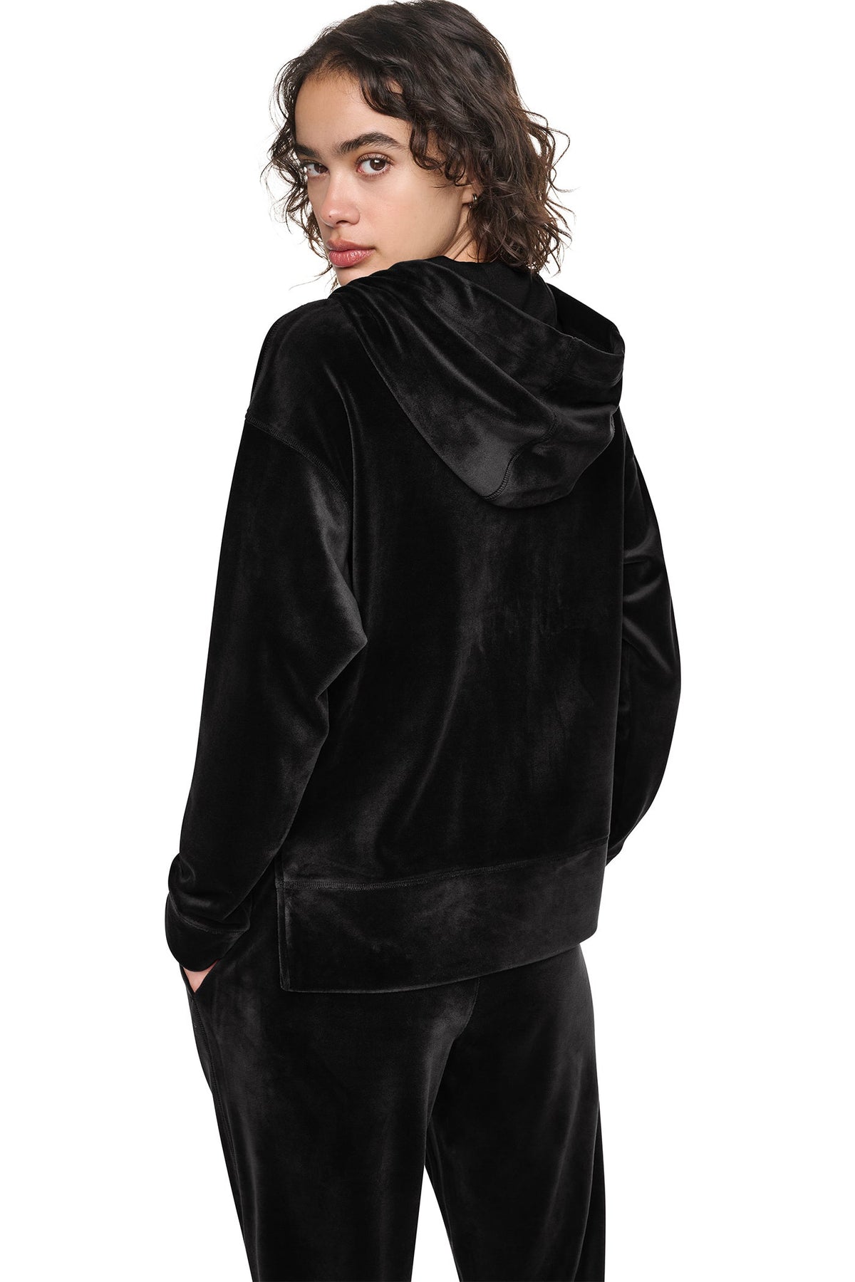 Black DKNY VARSITY VELOUR RHINESTONE LOGO FULL ZIP HOODIE