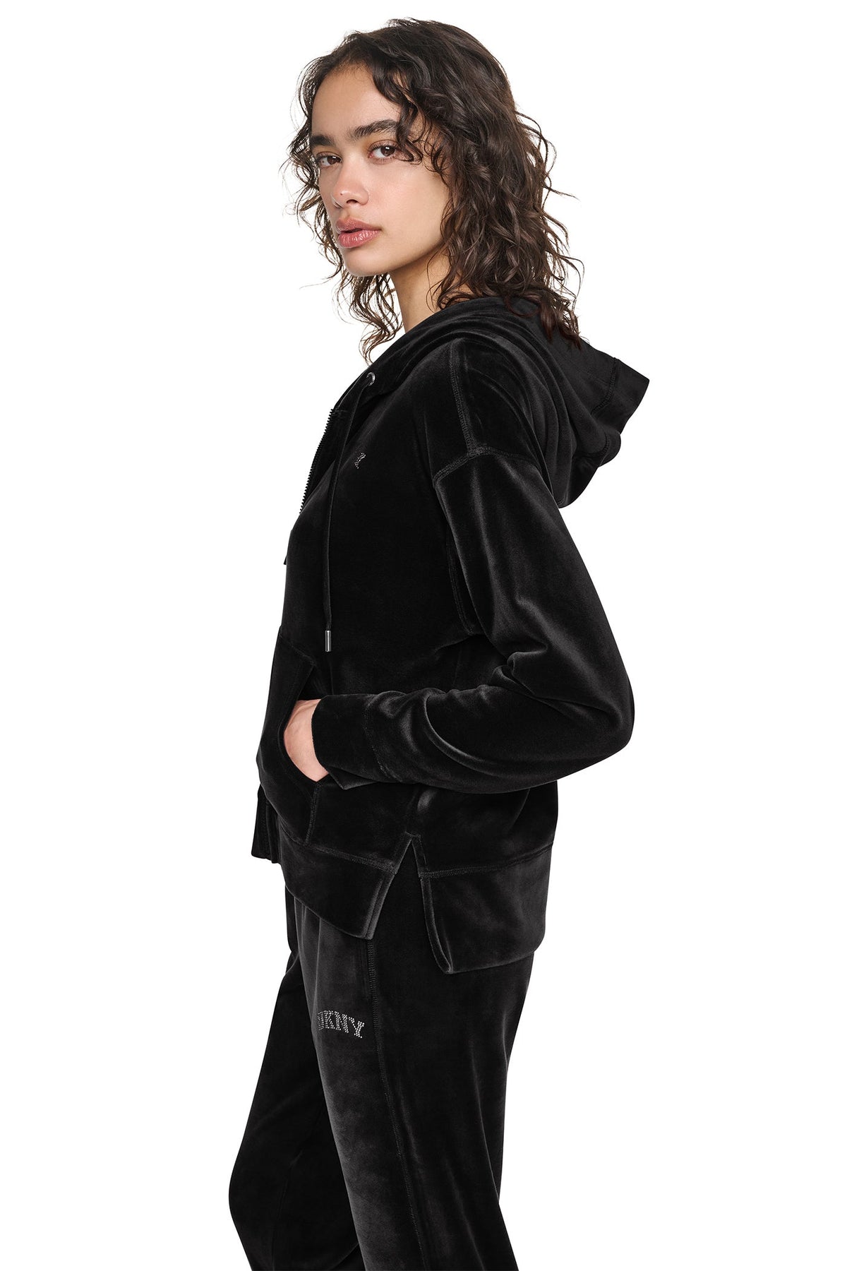 Black DKNY VARSITY VELOUR RHINESTONE LOGO FULL ZIP HOODIE