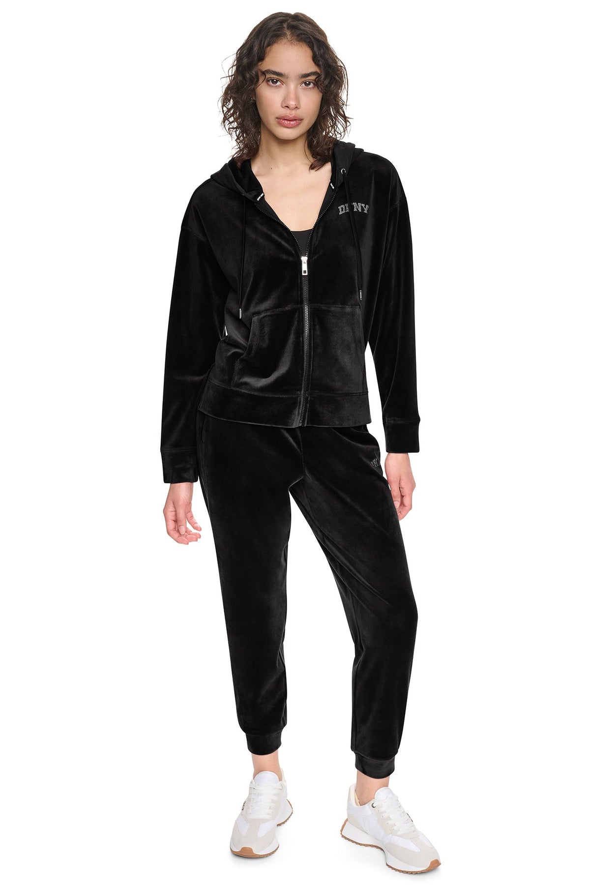 Black DKNY VARSITY VELOUR RHINESTONE LOGO FULL ZIP HOODIE