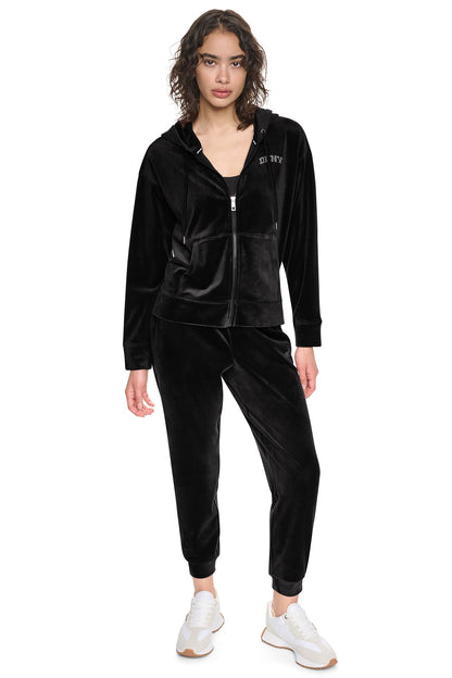 Black DKNY VARSITY VELOUR RHINESTONE LOGO FULL ZIP HOODIE