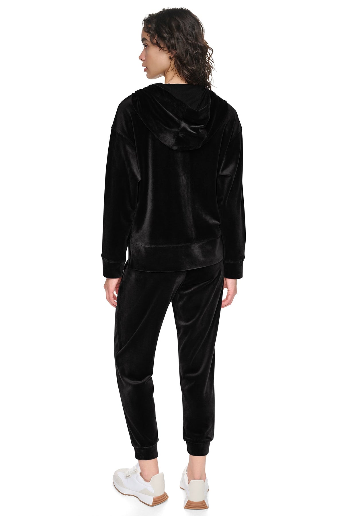 Black DKNY VARSITY VELOUR RHINESTONE LOGO FULL ZIP HOODIE