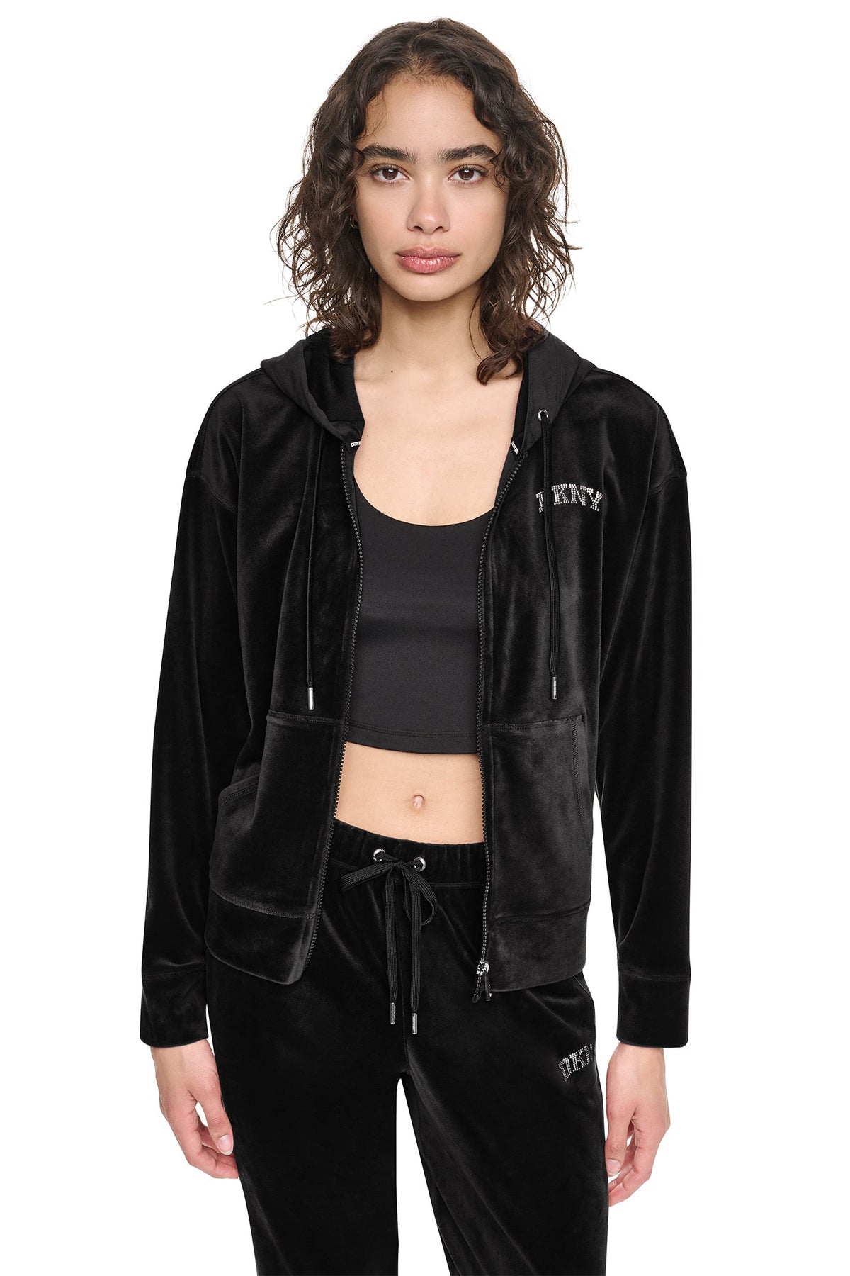 Black DKNY VARSITY VELOUR RHINESTONE LOGO FULL ZIP HOODIE