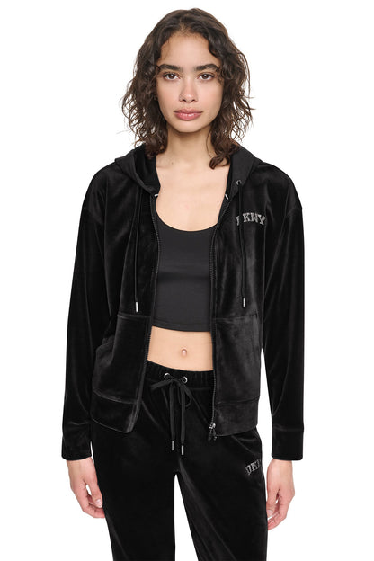 Black DKNY VARSITY VELOUR RHINESTONE LOGO FULL ZIP HOODIE