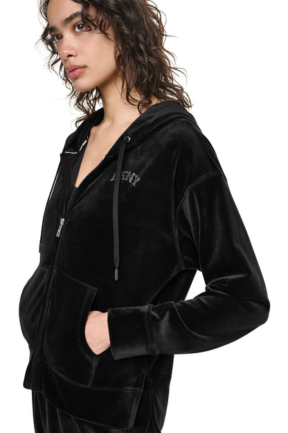 Black DKNY VARSITY VELOUR RHINESTONE LOGO FULL ZIP HOODIE