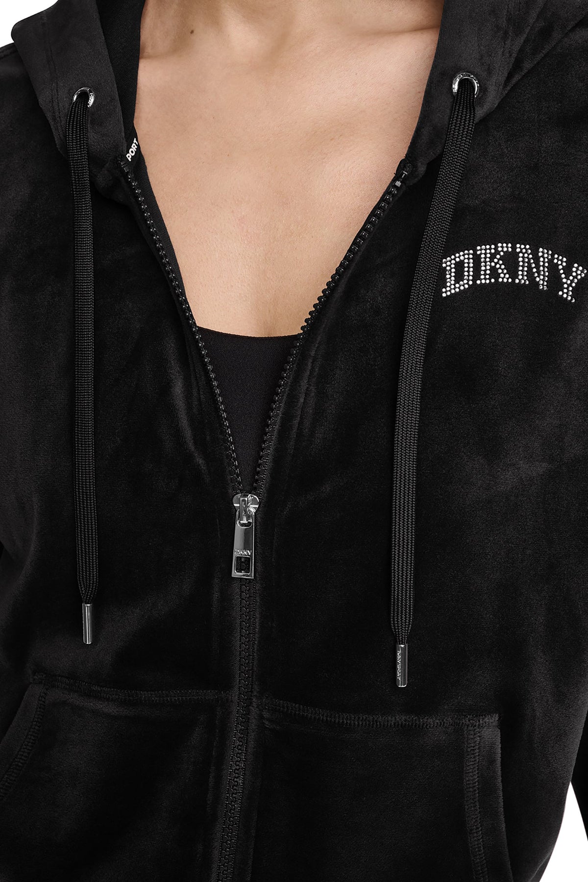 Black DKNY VARSITY VELOUR RHINESTONE LOGO FULL ZIP HOODIE