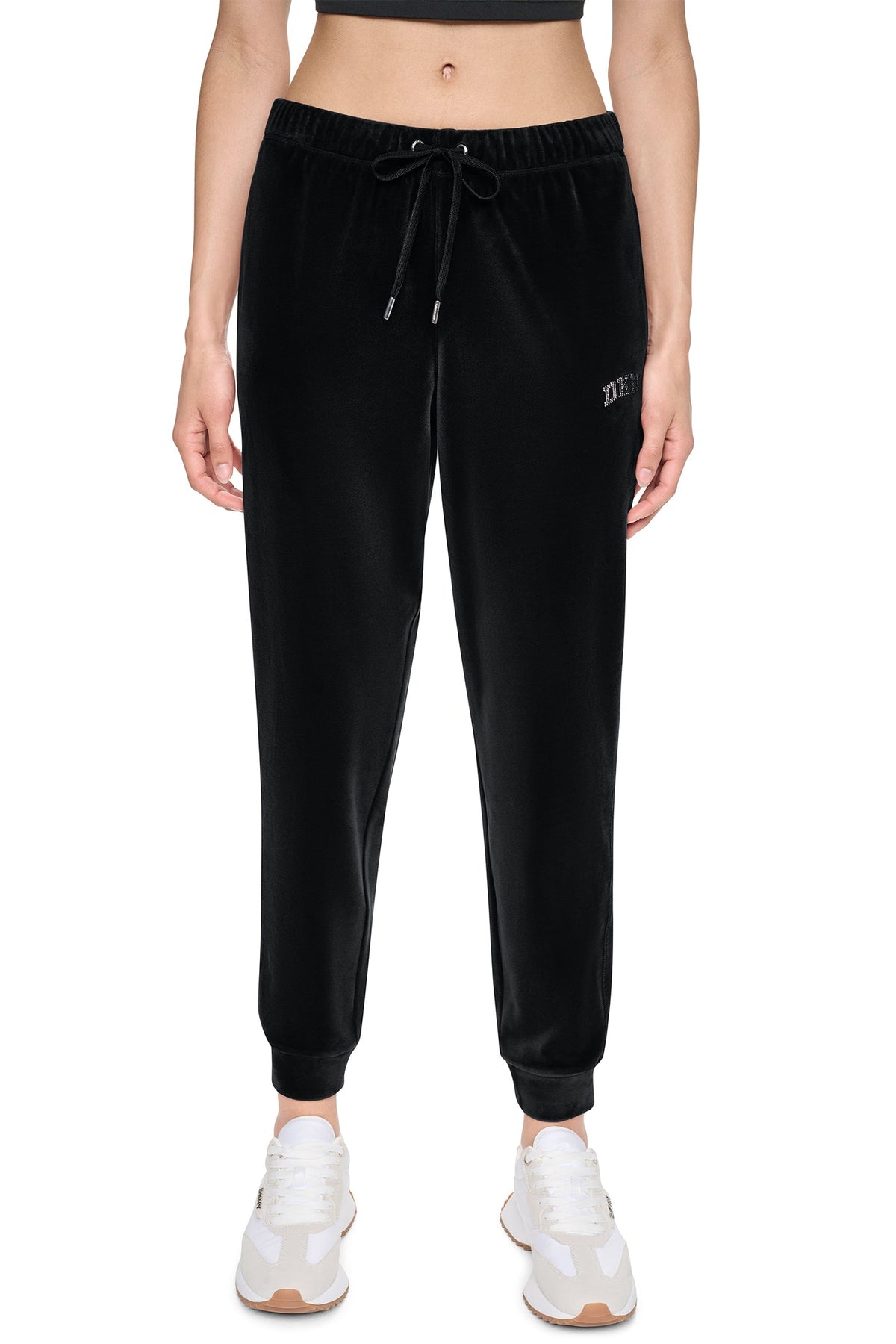 Black DKNY VARSITY VELOUR RHINESTONE LOGO MID-RISE JOGGER