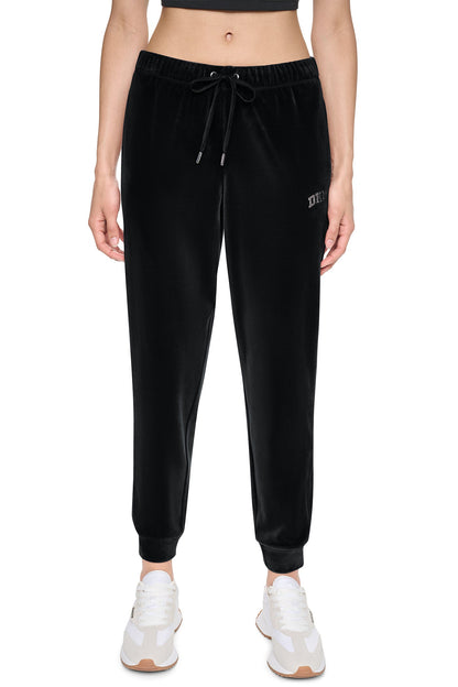 Black DKNY VARSITY VELOUR RHINESTONE LOGO MID-RISE JOGGER