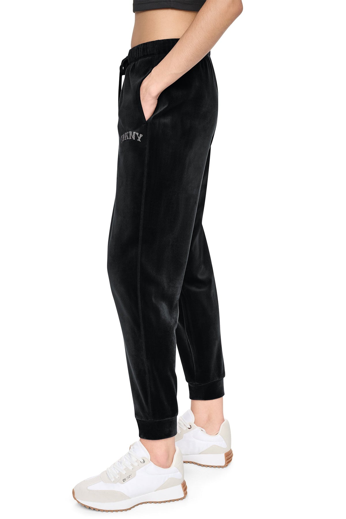 Black DKNY VARSITY VELOUR RHINESTONE LOGO MID-RISE JOGGER