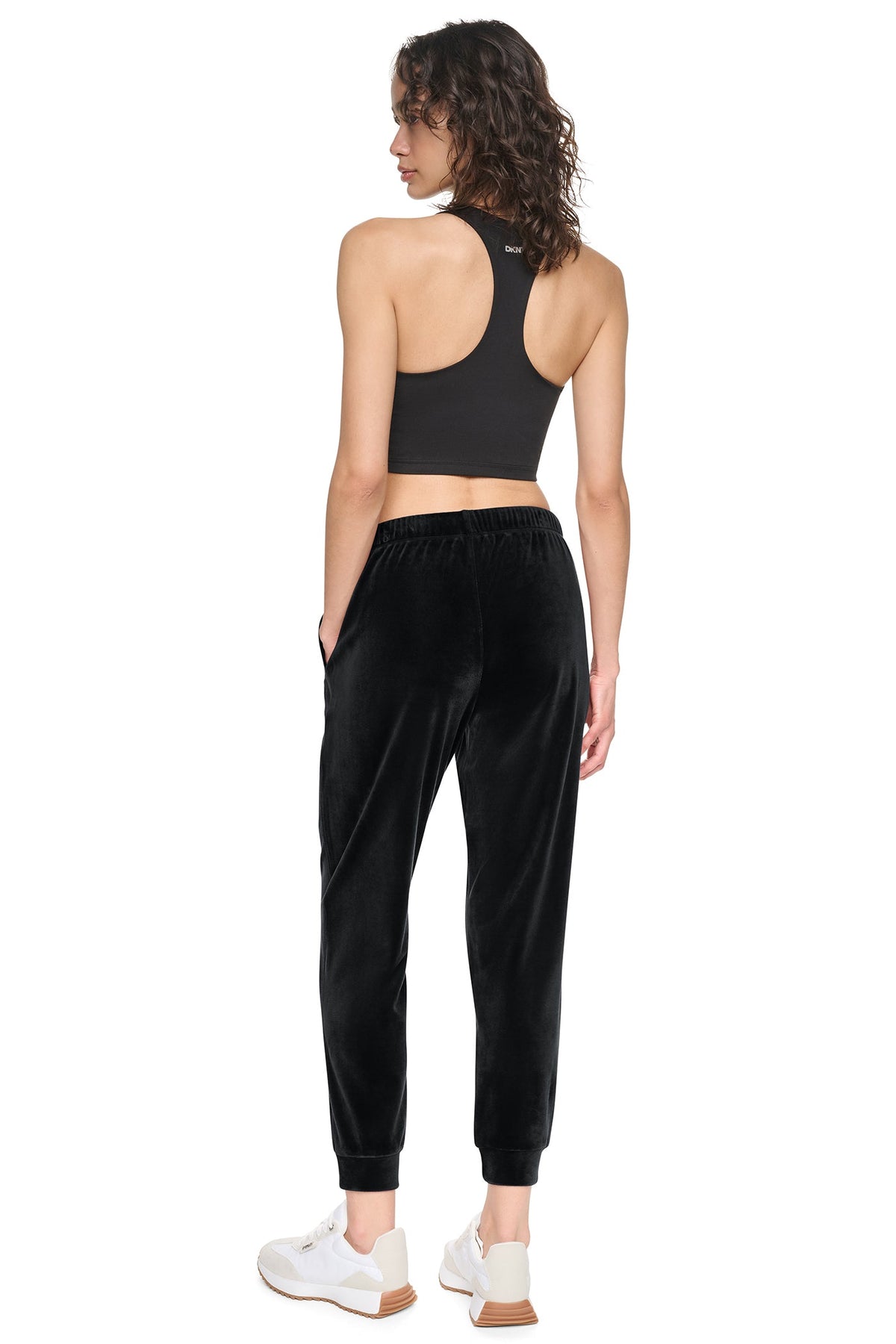 Black DKNY VARSITY VELOUR RHINESTONE LOGO MID-RISE JOGGER