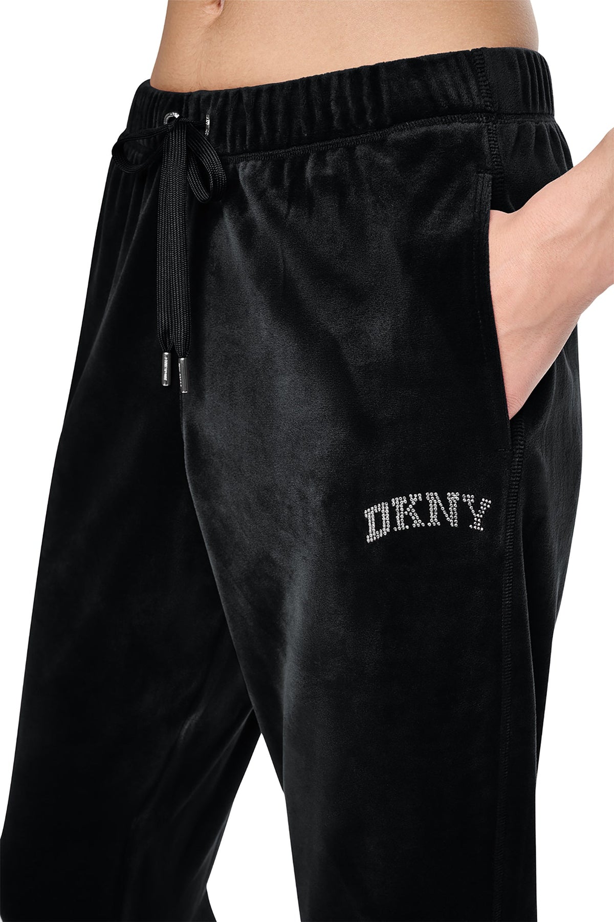 Black DKNY VARSITY VELOUR RHINESTONE LOGO MID-RISE JOGGER