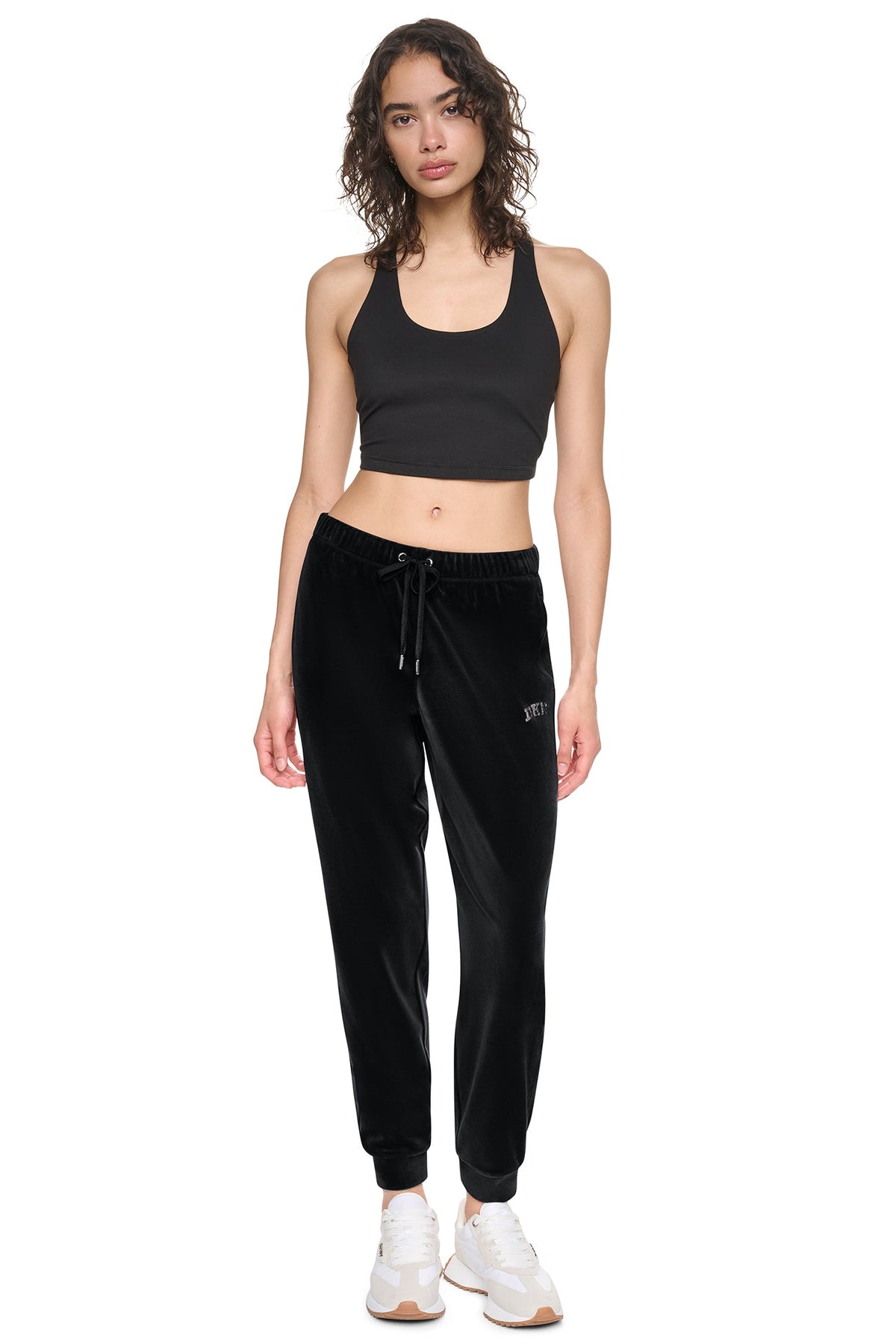 Black DKNY VARSITY VELOUR RHINESTONE LOGO MID-RISE JOGGER