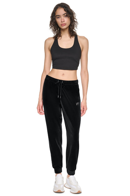 Black DKNY VARSITY VELOUR RHINESTONE LOGO MID-RISE JOGGER