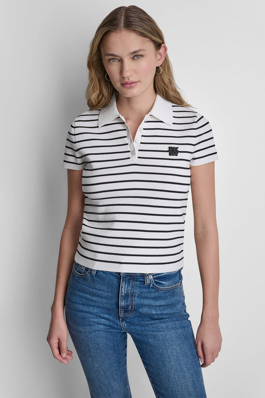 Ivory/Black DKNY CROPPED STRIPED POLO SWEATER