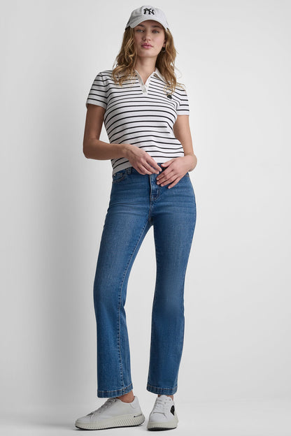 Ivory/Black DKNY CROPPED STRIPED POLO SWEATER