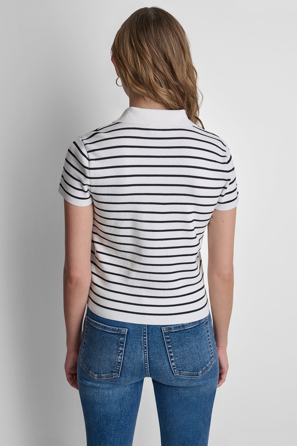 Ivory/Black DKNY CROPPED STRIPED POLO SWEATER