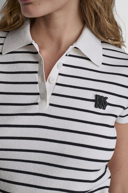 Ivory/Black DKNY CROPPED STRIPED POLO SWEATER