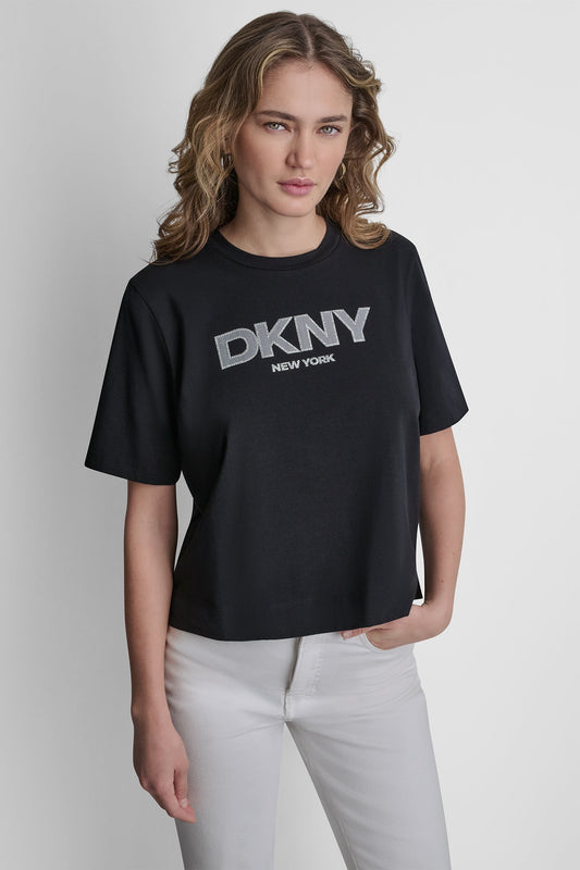 Black DKNY CRYSTAL BORDER LOGO GRAPHIC TEE