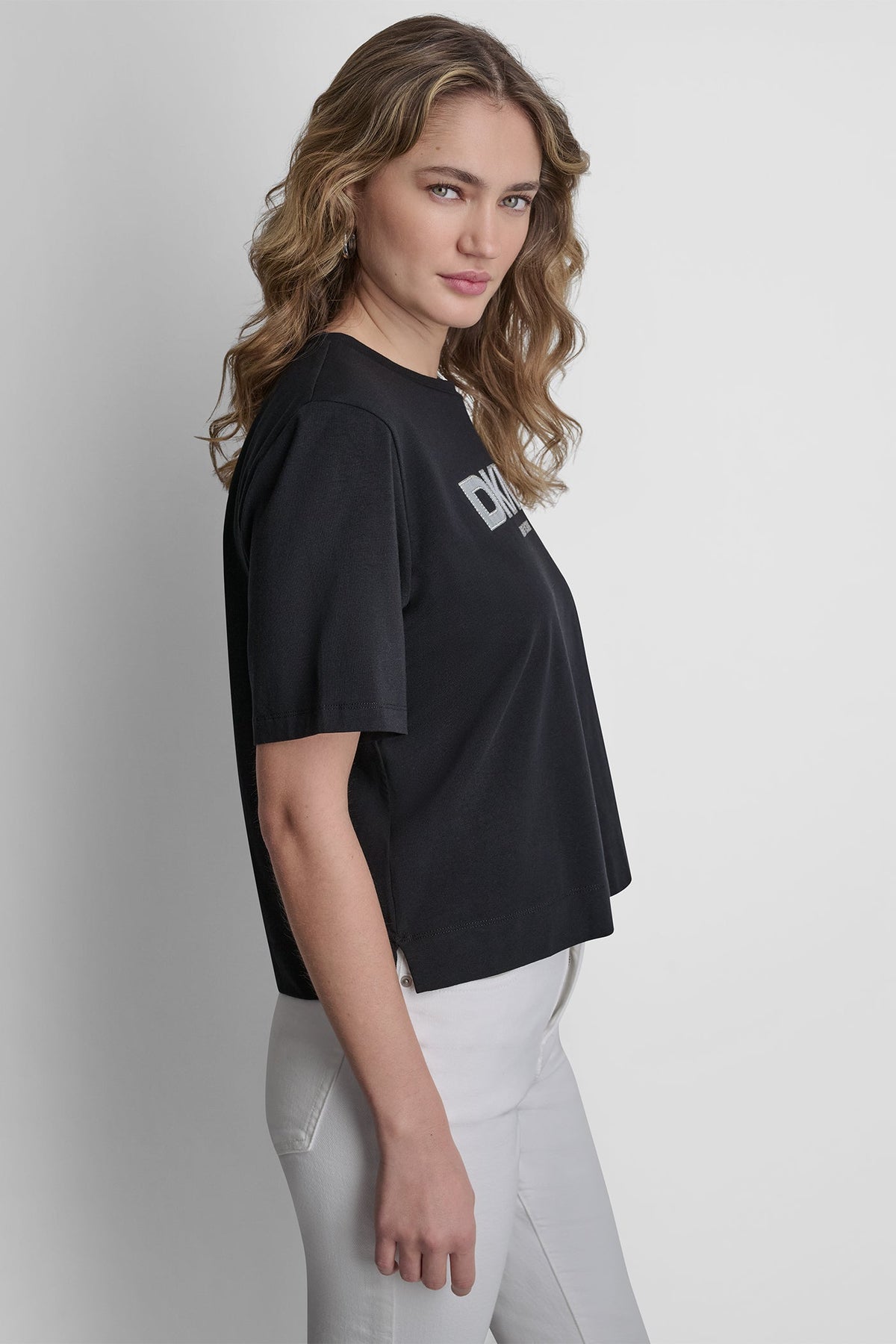 Black DKNY CRYSTAL BORDER LOGO GRAPHIC TEE