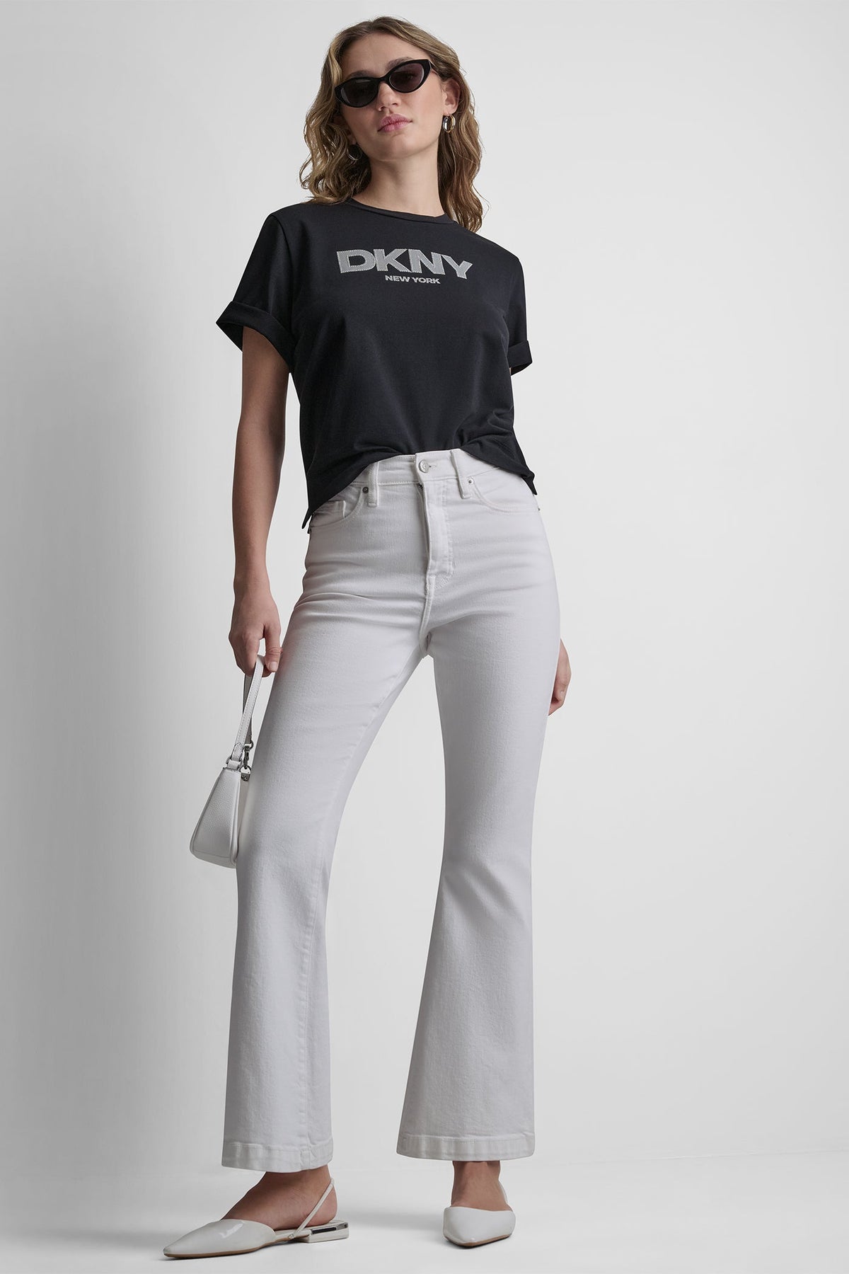 Black DKNY CRYSTAL BORDER LOGO GRAPHIC TEE