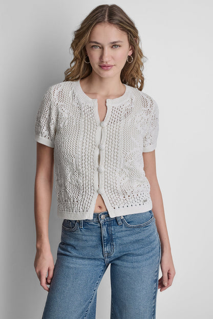 Ivory DKNY LACE STITCH BUTTON FRONT CARDIGAN