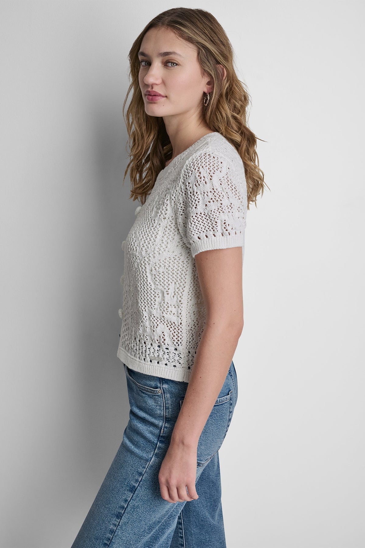 Ivory DKNY LACE STITCH BUTTON FRONT CARDIGAN